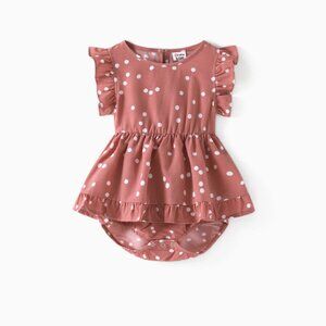 All Over Dots Pink Crew Neck Ruffle Flutter-sleeve Romper for Mom and Me